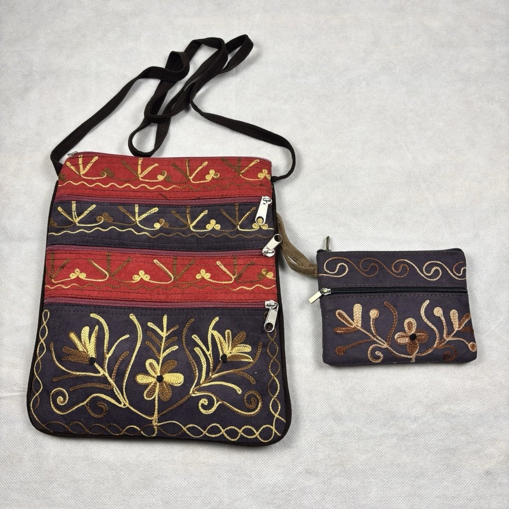 Kashmiri Embroidered Crossbody Bag W/ Coin Purse Boho Style Pouch Nepal Passport